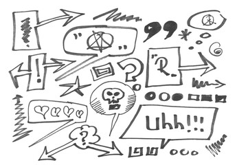 Doodle speech bubbles, hand draw black marker, isolated on white