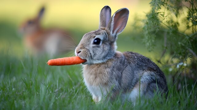 Rabbit Eating Carrot on Grass