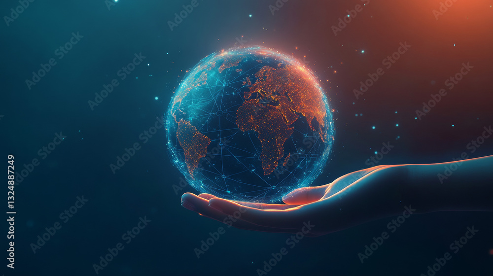 Poster abstract holding global in hands polygonal, geometry triangle. light connection structure. low poly 
