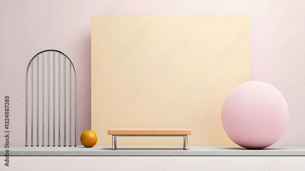 Poster abstract geometric composition with pink sphere orange sphere and peach backdrop in a modern studio 