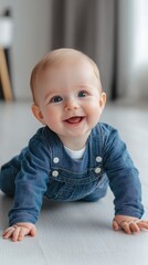 Cheerful baby crawling on the floor, capturing joyful moments.