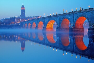 Serene Twilight Reflection: Harrisburg's Iconic Bridge and State Capitol