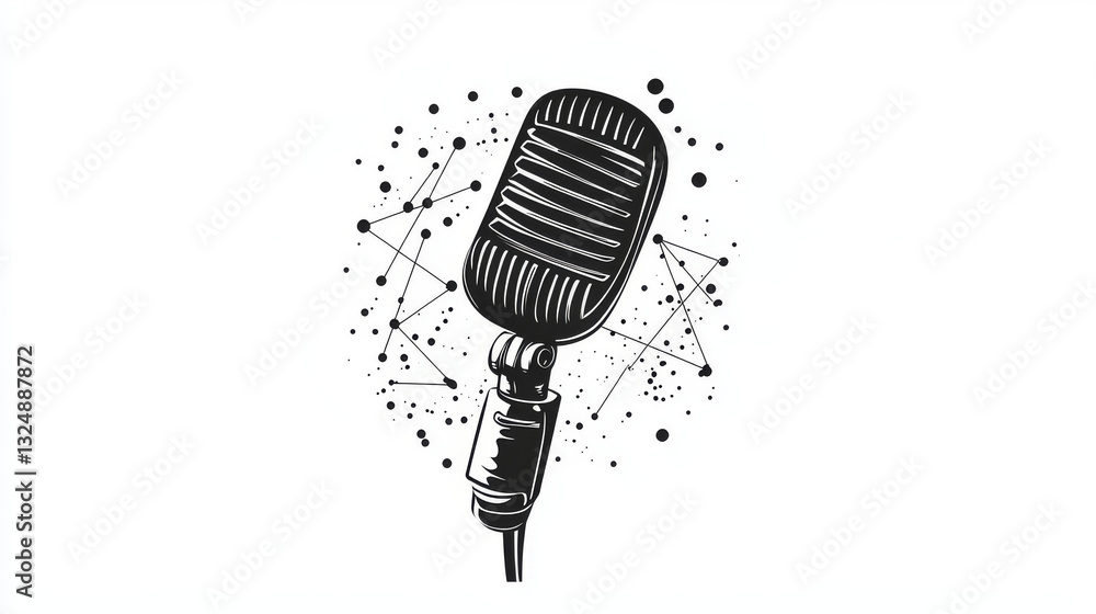 Poster Abstract polygonal space low poly microphone with connecting dots and lines. Wireframe vintage microphone connection structure. Futuristic Vector Illustration.
