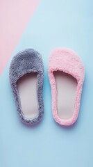 Cozy indoor slippers in pink and gray on a soft background.