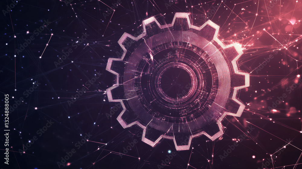 Poster a gear composed of polygons. low poly vector illustration of a starry sky or comos. the gears consis