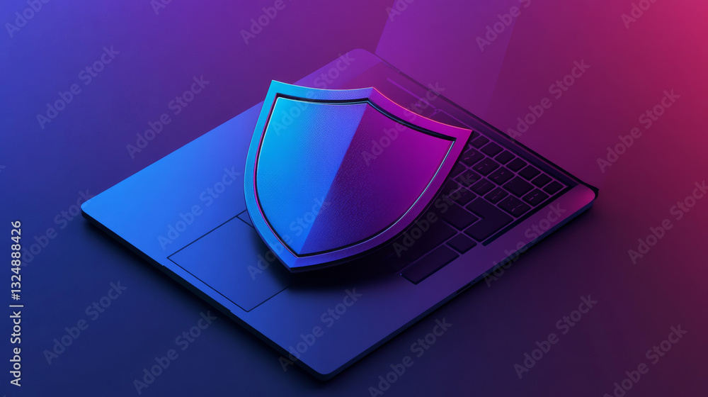 Poster a shield and laptop composed of polygons. low poly vector illustration consists of lines, dots and s