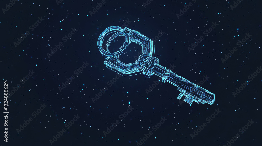 Poster lock key isolated from low poly wire frame on dark background. data storage and protection vector po