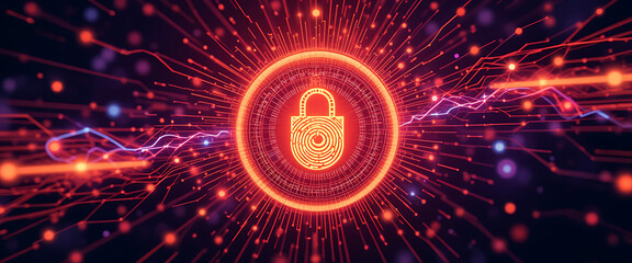 Abstract cyber security background with connected points illustrated vector style, warm Color combination, speed of light, spreading warm colors vibrant light round , glowing finger print sensor lock 