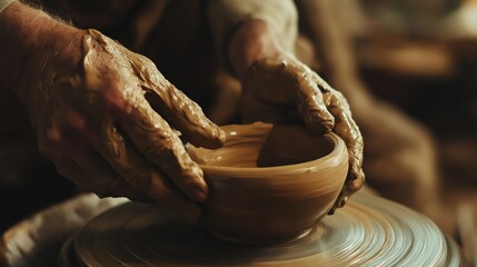 Close-up of a potters hands shaping a clay pot on a spinning wheel, capturing the artistry, craftsmanship, and tactile beauty of traditional pottery making