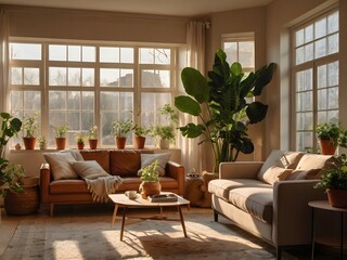 Fototapeta premium Cozy interior room with warm evening light and inviting atmosphere