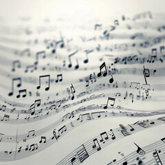 Obraz premium 楽譜の五線譜の波に踊る音符。音楽