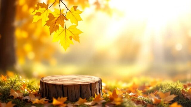 abstract autumn background with golden lighting and bright orange maple leaf branch and wooden table on blurred bokeh lights in sunhine, 4k Video. generated with AI