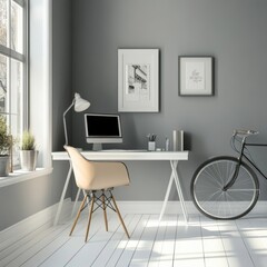Scandinavian office with vintage bike and white desk.