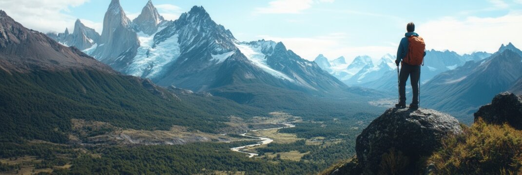 Majestic mountain range with snow-capped peaks and hiker admiring view in lush valley under clear sky