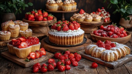  a wooden table topped with a variety of cakes and pastries, including cupcakes, muffins, and other desserts, as well as fresh strawberries There are also flower po