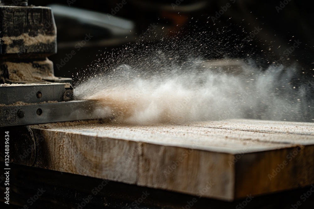 Poster carpenter shaping wood using a powerful tool in a workshop filled with sawdust during daylight hours