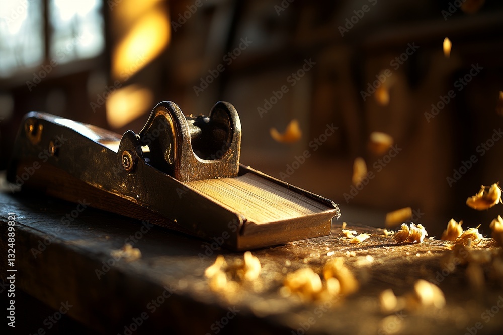 Poster carpenter using hand plane in well-lit workshop creating fine wood shavings during late afternoon ho
