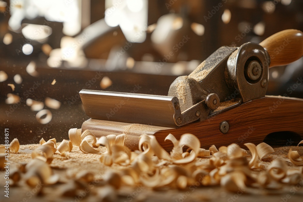 Poster carpenter using a hand planer to shape wood in a workshop filled with shavings and tools
