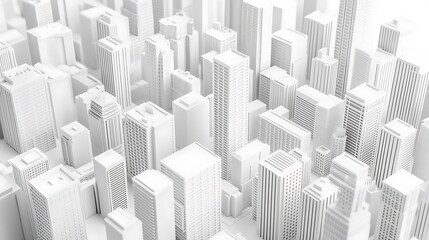 Miniature white city model with isometric buildings and intricate urban details

