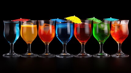 Colorful cocktails lined up, perfect for summer vibes and parties.