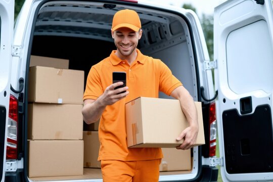 A smiling delivery driver in orange uniform uses a smartphone while holding a package in front of a van loaded with boxes