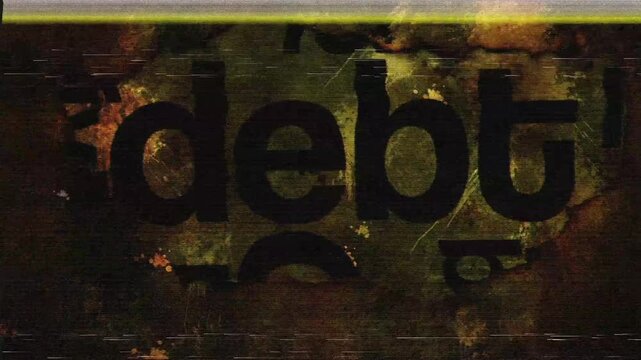 Artistic graphic focusing on the word 'debt' presented with glitch effects on a textured background
