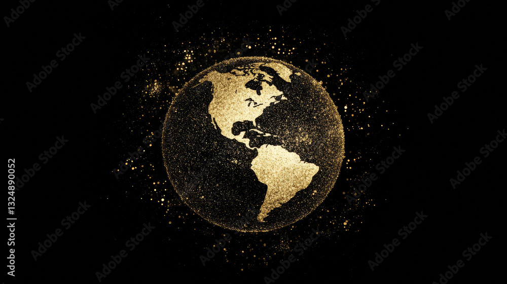 Poster low poly illustration of the two hemispheres of the earth with a golden dust effect. sparkle stardus