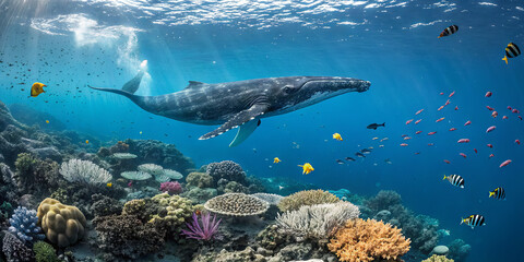 Fototapeta premium A humpback whale glides through crystal clear waters, surrounded by a rich coral reef. Colorful fish swim around, creating a lively underwater ecosystem filled with life