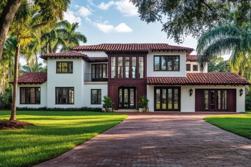 A picturesque home with a deep burgundy Spanish-style roof, antique white stucco walls, and dark oak wood accents