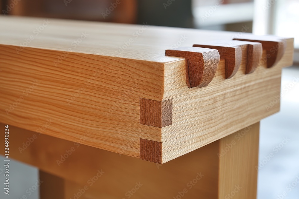 Poster crafted wooden table showcasing precise joinery techniques by skilled carpenter in a workshop settin