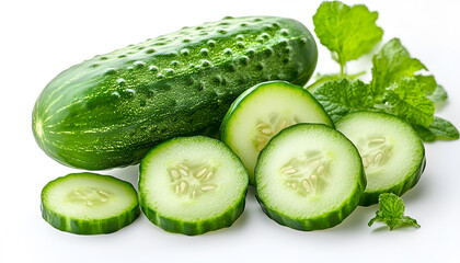 Cucumber and cucumber slices isolated on a white background