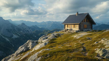 Beautiful mountain hut with wonderful surrounded by an wonderful alpine landscape. Summer or autumn hiking destination. Outdoor adventure destination for sporty holidays. Healthy environment.