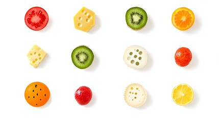 Fototapeta premium Assorted Fresh Fruit and Cheese Slices Isolated on White Background