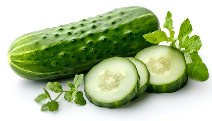 Cucumber and cucumber slices isolated on a white background