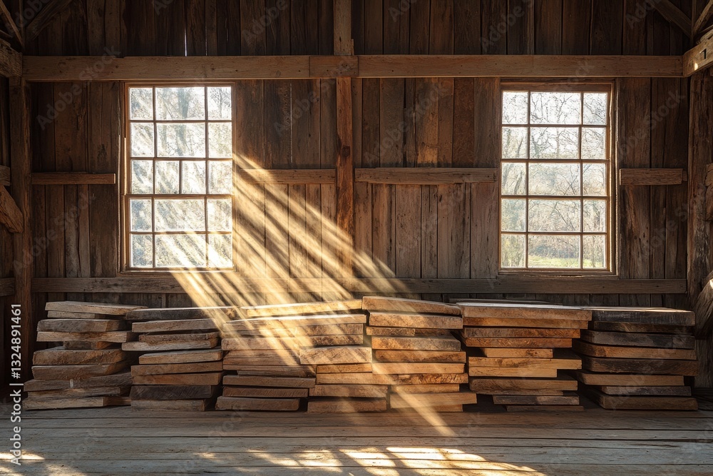 Poster carpenter workspace with sunlight illuminating stacked timber in a rustic building