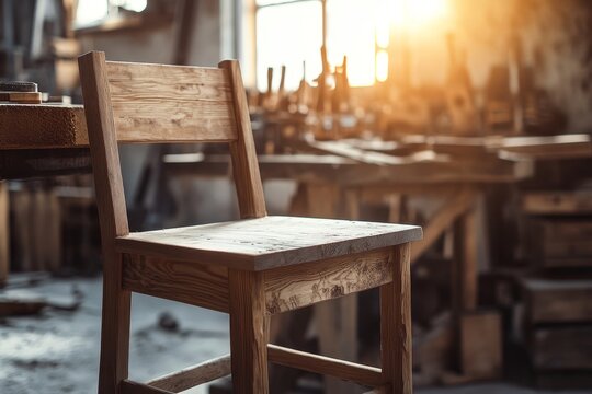 Carpenter’s workshop with handcrafted wooden chair illuminated by warm sunlight - Powered by Adobe