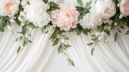 Obraz premium Floral wreath, possibly artificial peony silk flower leaf vine garland, on white drapes. Ideal for wedding decor, home accents, or event backdrops.