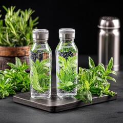 Refreshing infused water with mint leaves in elegant bottles.