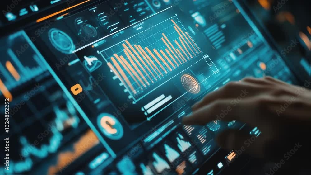 Poster software engineer touching interactive holographic futuristic big data interface using innovative te
