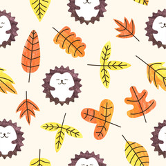 Seamless autumn pattern with cute hedgehogs and leaves. Childish cartoon vector illustration