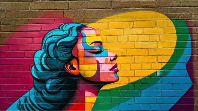 Vibrant Street Art Portrait: A Colorful Mural Depicting a Woman&rsquo;s Face in a Fusion of Abstract and Pop Art on a Brick Wal
