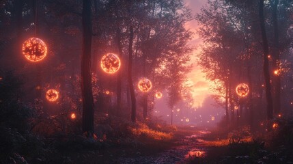 Enchanted Forest Path: A mystical sunset illuminates a magical forest path, glowing orbs hang from the trees, creating an ethereal and dreamy atmosphere.