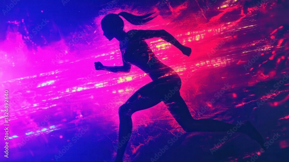Poster dynamic silhouette of a runner amidst explosive neon colors in a cyberpunk setting with high-energy 