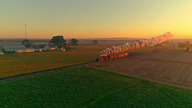 A steam locomotive chugs blowing smoke along scenic tracks as the sun rises over lush fields. The vibrant sky casts warm hues over the serene rural landscape, enhancing the journey's charm and