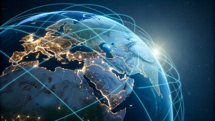 地球儀の経緯線が光る3Dモデル背景、グローバルネットワーク