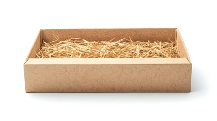 Empty Cardboard Gift Box with Straw Filler Isolated on White Background