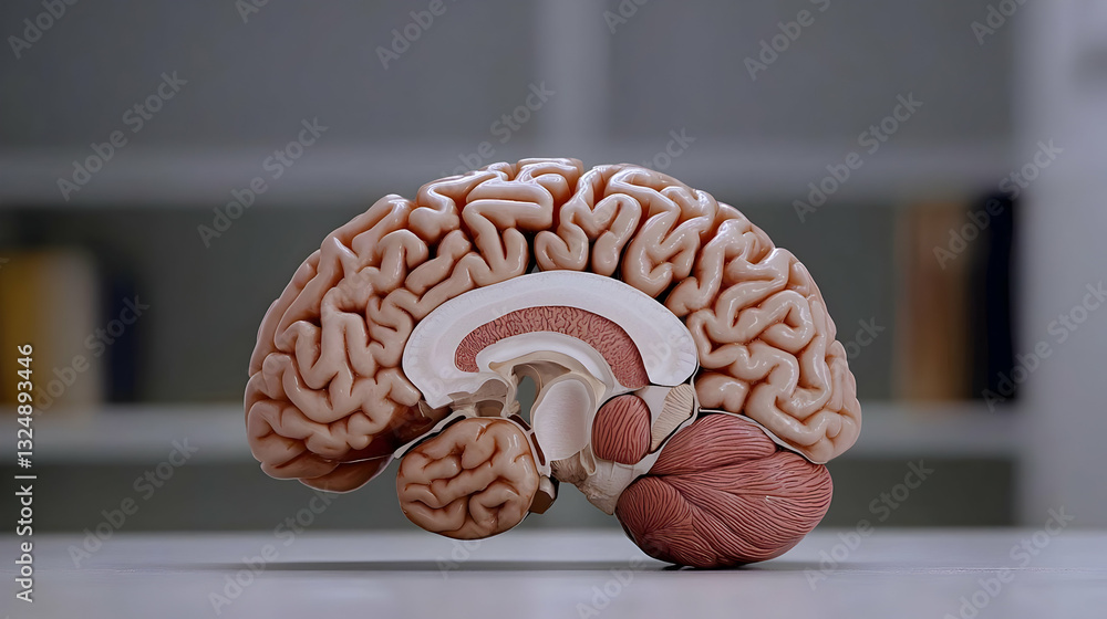 Poster detailed anatomical model of a human brain section showing internal structures on a table in a labor