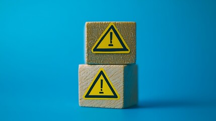 Wooden blocks with yellow safety sign in minimalist design

