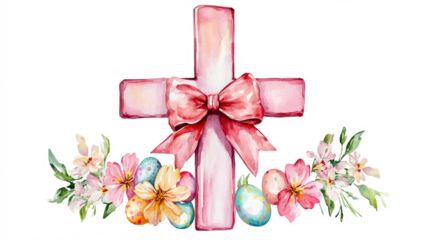 A watercolor christian cross, Easter, with spring flowers and some easter eggs on the bottom, and a big coquette bow on the middle of the cross, white background clipart 