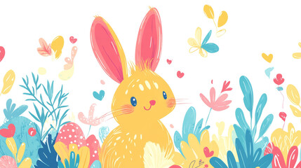 Colorful illustration of a cheerful Easter bunny among vibrant flowers and butterflies in a whimsical setting